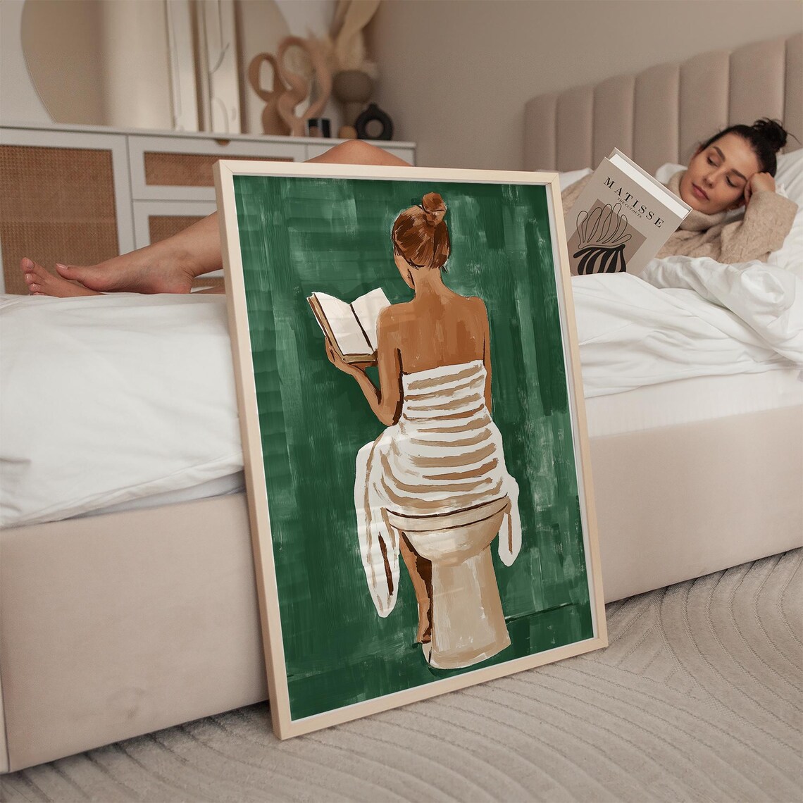 Woman in Striped Towel Reading on Toilet Back View Art Poster - Image 3