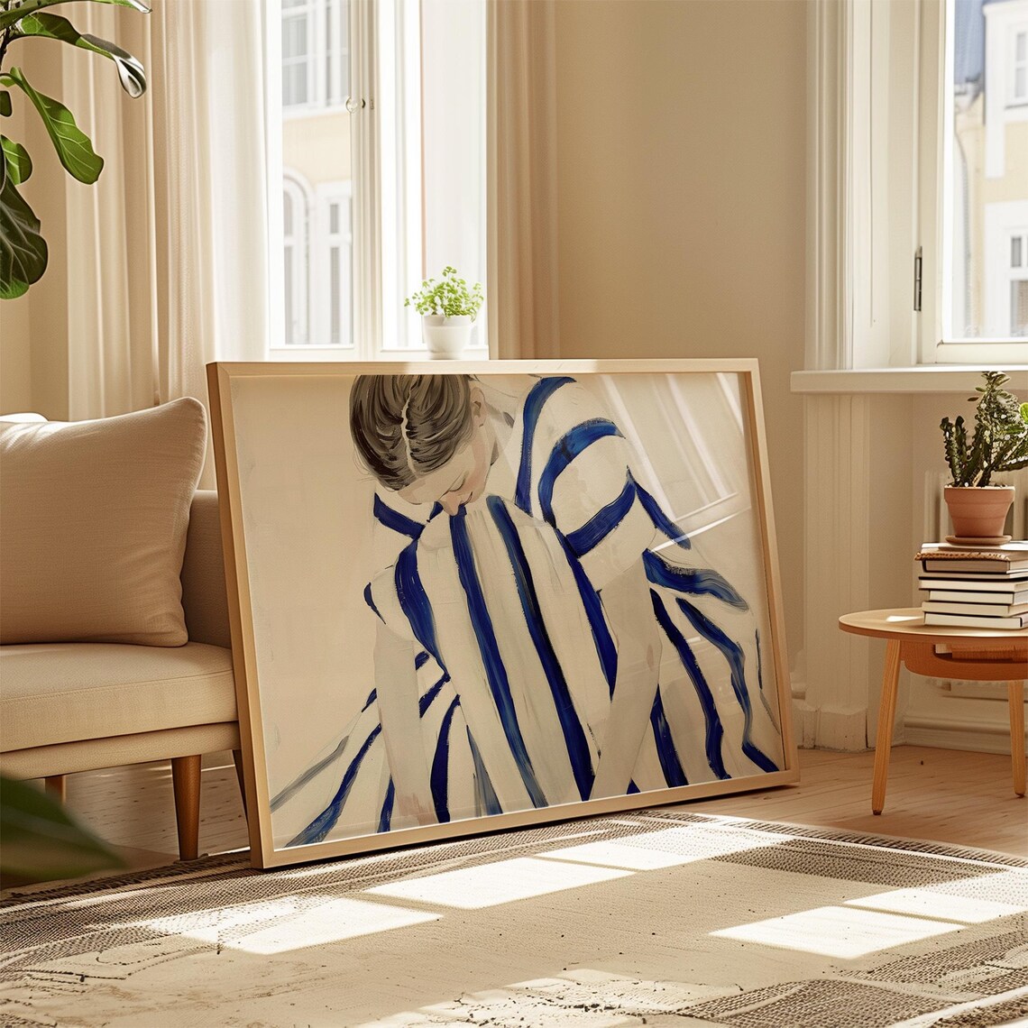 Blue Striped Woman, Contemporary Minimalist Art Print - Image 3