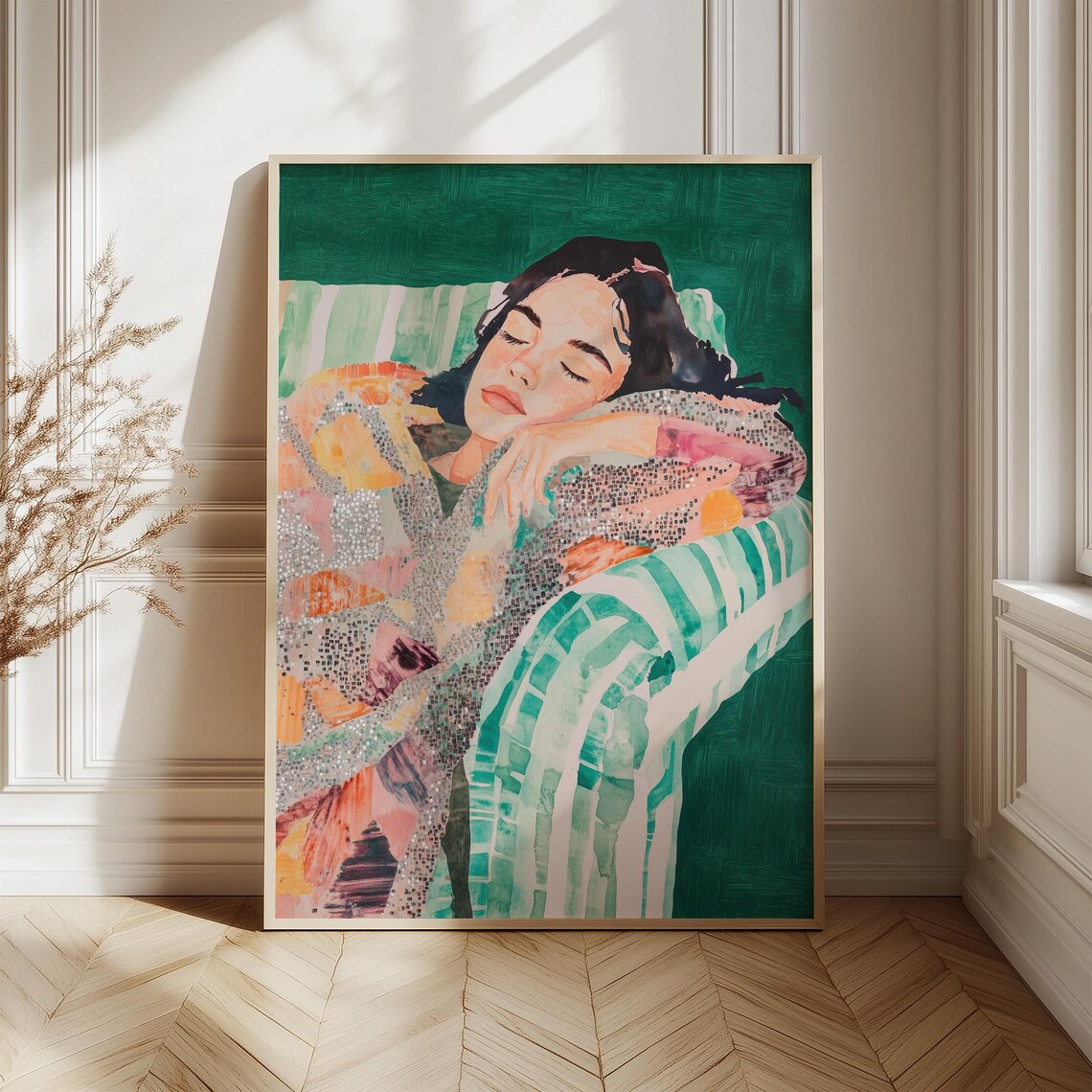 Dreamy Portrait Woman on Chair, Boho Abstract Art