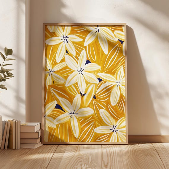 Yellow Floral Art Print, Modern Abstract Boho Decor