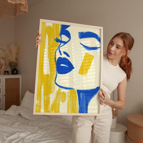 Blue Lips Woman Portrait Abstract Face Line Art Print With Closed Eyes And Yellow Brush Stroke Modern Wall Decor