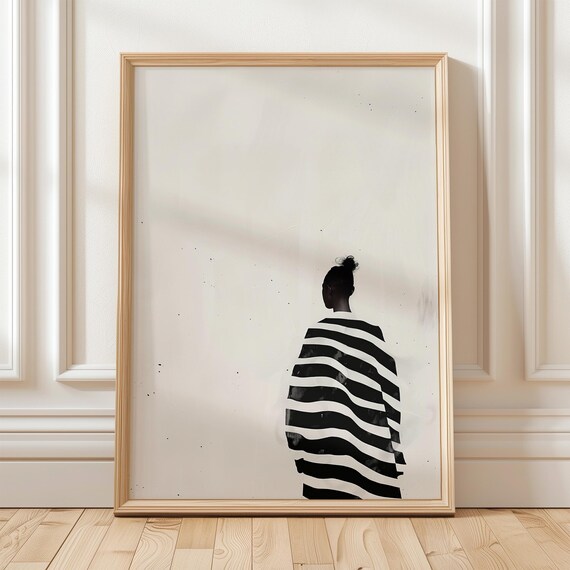 Woman from Behind in Black White Striped Dress Minimalist Poster