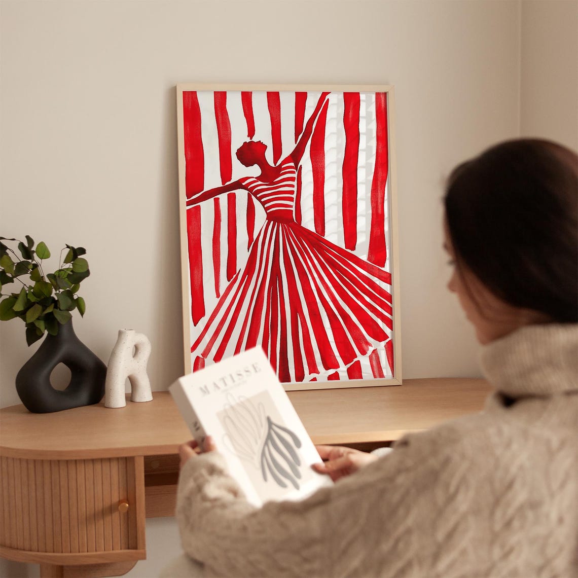 Red Striped Dancer Art Print Minimalist Wall Decor Bold Abstract Woman Artwork Modern Contemporary Poster Instant - Image 2