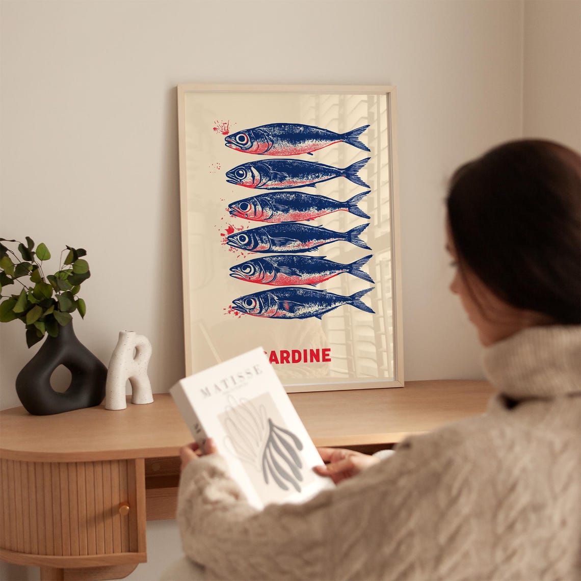 Bold Sardine Artwork Nautical Fish Wall Art Vintage Red Blue Sardine Print Coastal Ocean Inspired Decor - Image 2