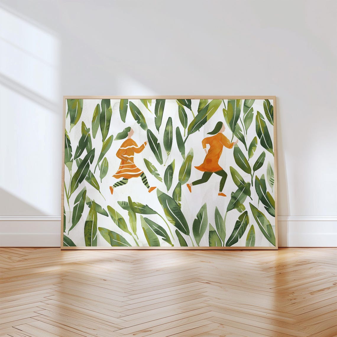 Tropical Girls Art Print Jungle Running Illustration Green Leaves Wall Art Playful Nature Poster Botanical Whimsical Decor - Image 2