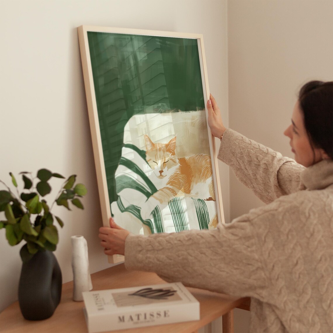 Orange Tabby Cat Sleeping On Striped Pillow Green Art Poster - Image 3