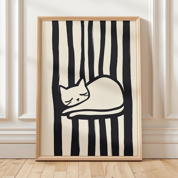 White Cat Sleeping on Black Striped Chair Graphic Monochrome Poster