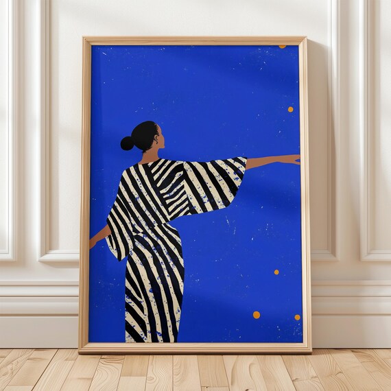 Woman in Striped Kimono Dress on Vivid Blue Night Sky Poster