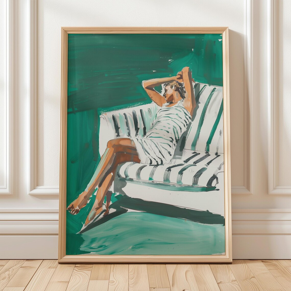 Relaxing Woman in Stripes on Emerald Green Sofa Modern Art Poster