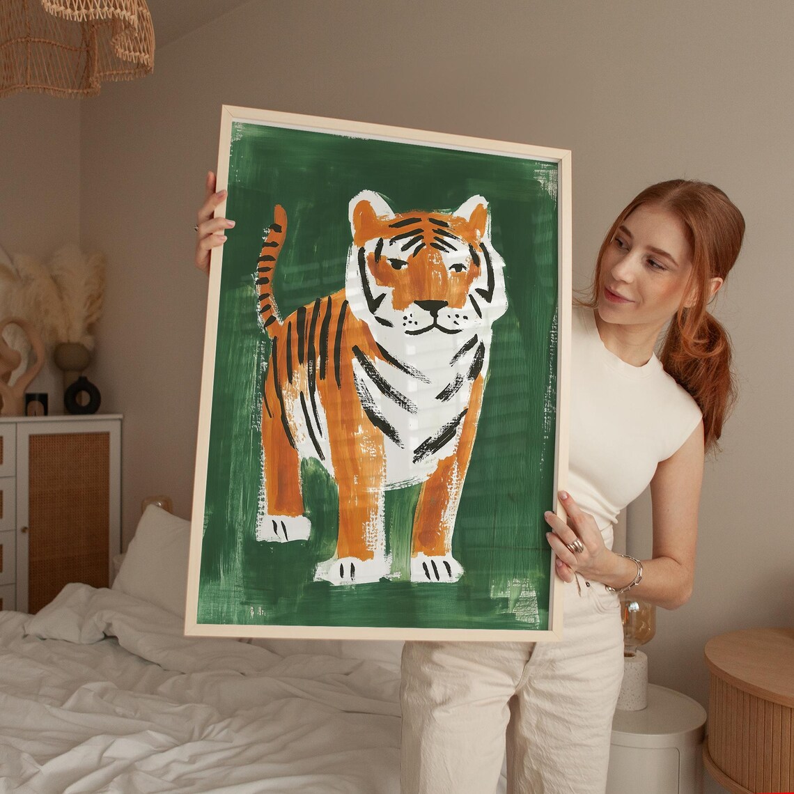 Standing Tiger on Deep Green Folk Art Style Modern Wildlife Poster - Image 4