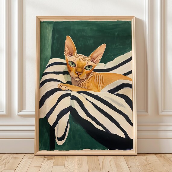 Sphynx Cat Portrait On Striped Blanket Emerald Green Art Poster