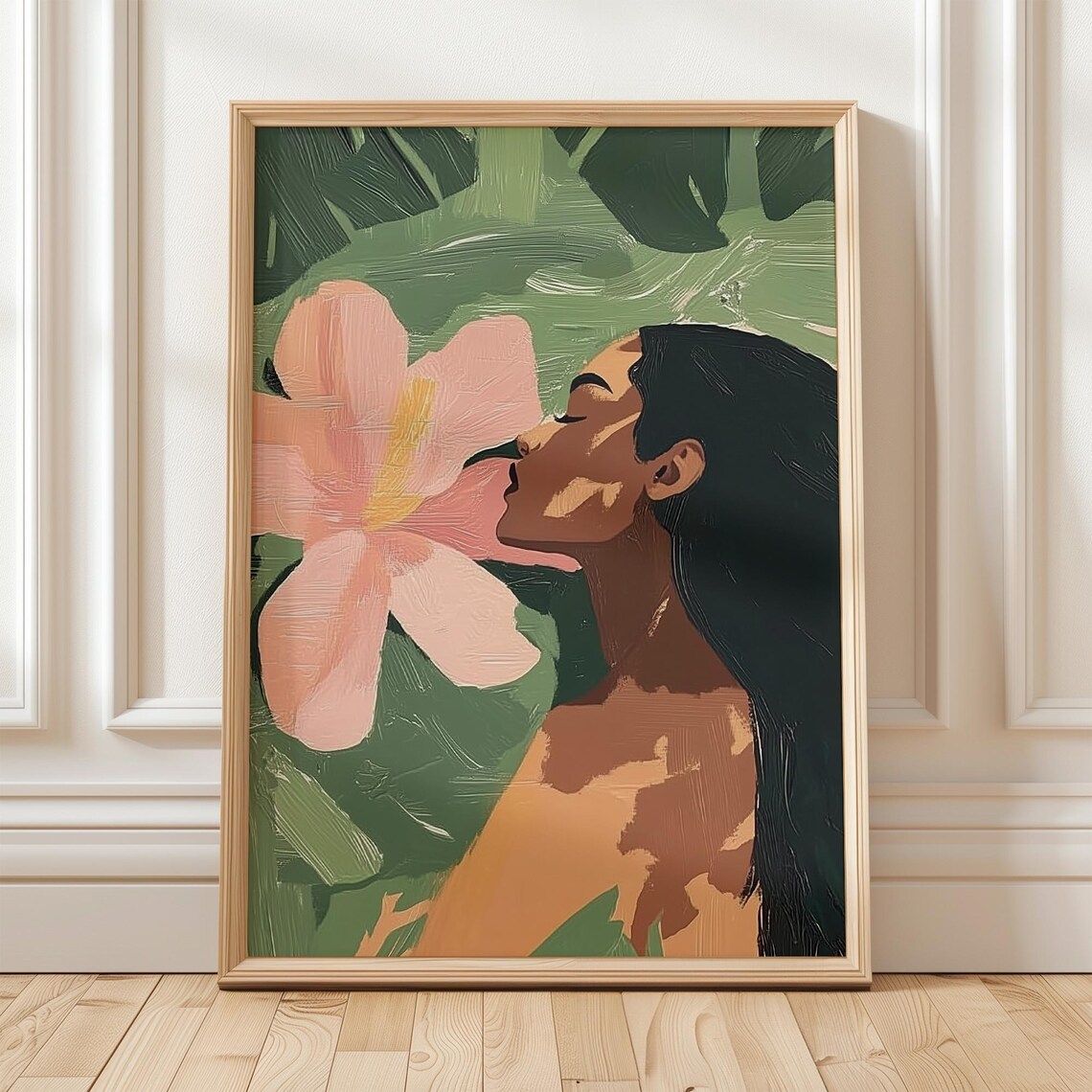 Tropical Woman Floral Art Print, Minimalist Portrait