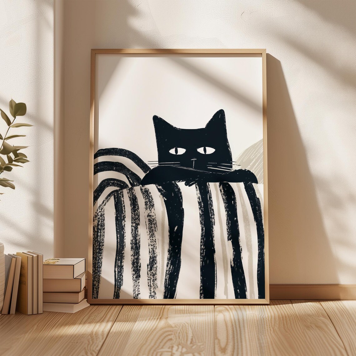 Curious Black Cat Peeking Over Striped Blanket Artwork Poster - Image 3