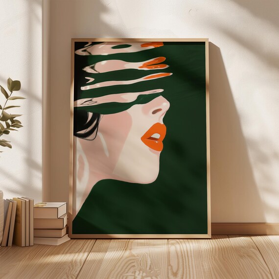 Abstract Woman Face Profile Dark Green Orange Lips Modern Art Poster