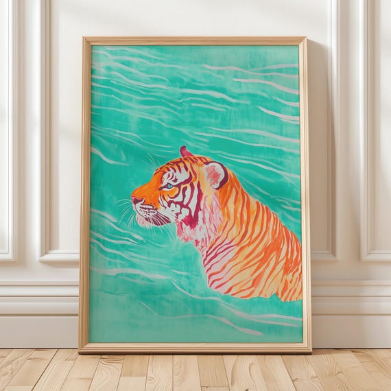 Swimming Tiger Art Print Tropical Big Cat Wall Decor Modern Jungle Animal Painting Contemporary Home Decor Bold Statement Piece