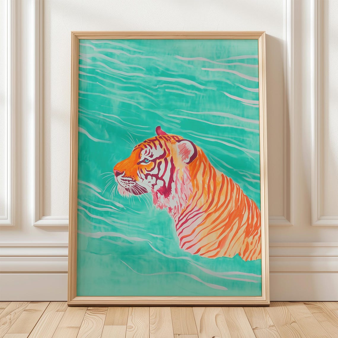 Swimming Tiger Art Print Tropical Big Cat Wall Decor Modern Jungle Animal Painting Contemporary Home Decor Bold Statement Piece