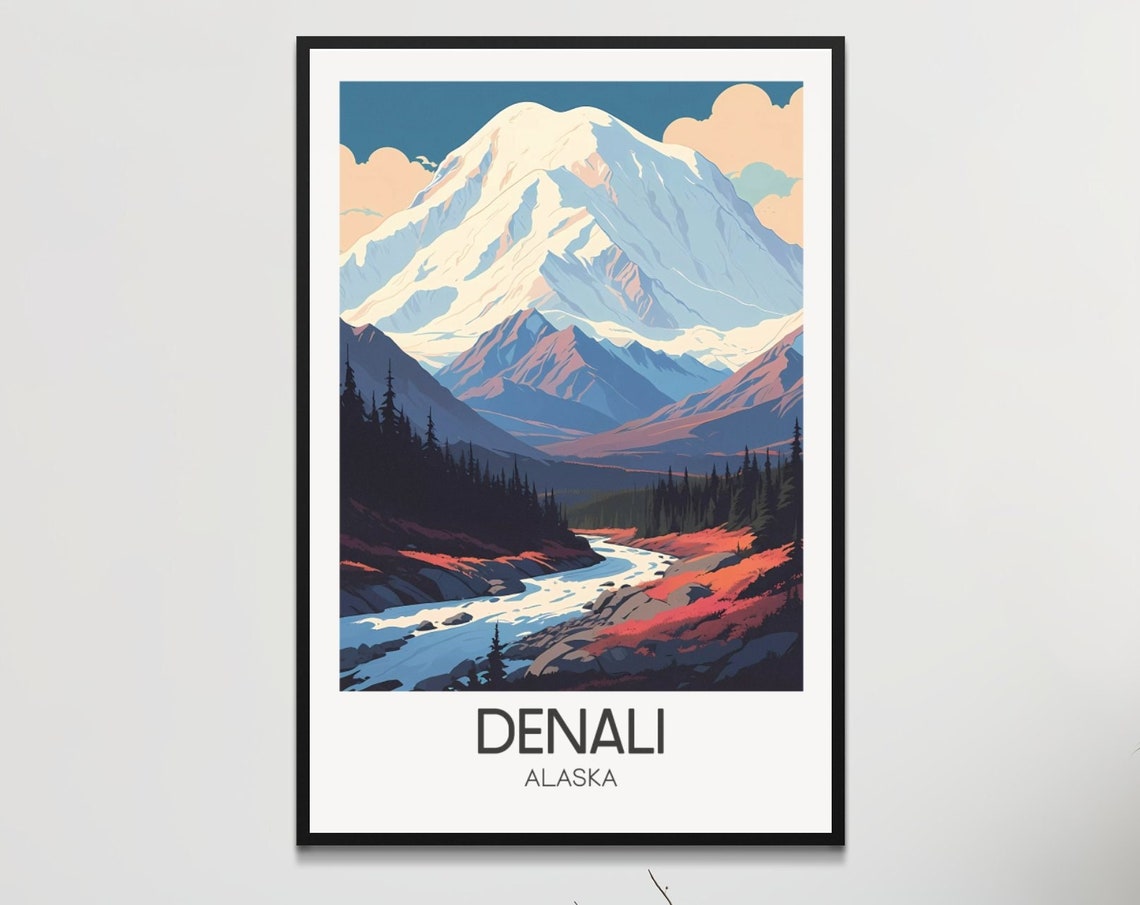 Denali Alaska Autumn River Valley Mountain Scenery Travel Poster