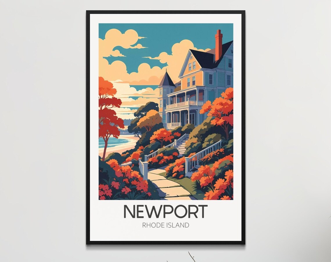 Newport Rhode Island Coastal Mansion Autumn Garden Travel Poster