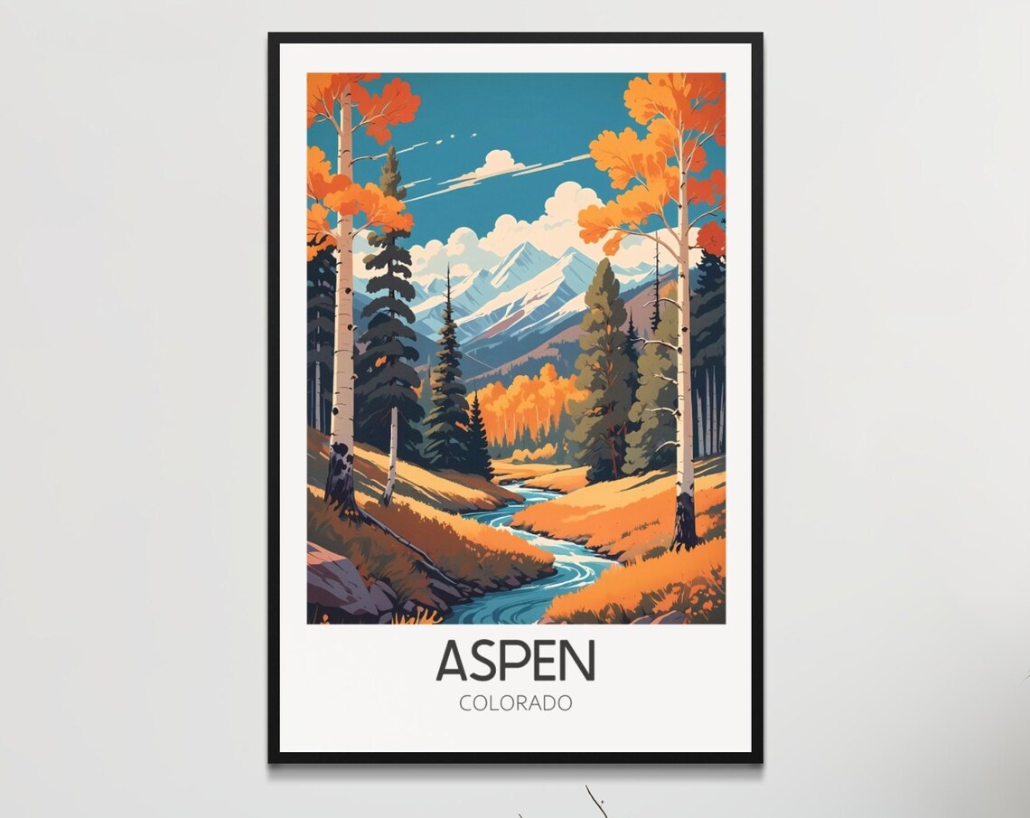Aspen Colorado Fall River Valley Mountains Retro Travel Poster