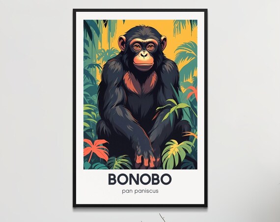 Vintage Bonobo Poster Endangered Species Retro Wall Art Tropical Jungle Animal Illustration Ecofriendly Decor