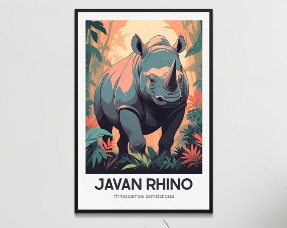 Vintage Javan Rhino Poster Endangered Species Wall Art Retro Style Illustration Home Decor Wildlife Conservation Office