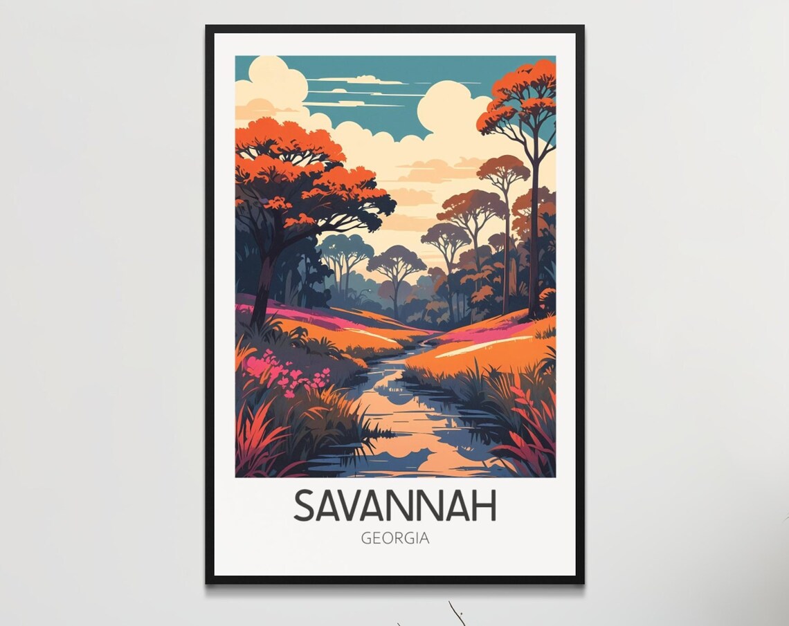 Savannah Georgia Sunset Wetland Retro Landscape Travel Poster