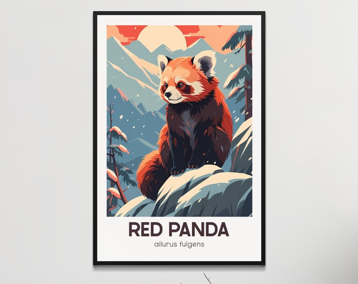Red Panda in Snowy Mountains Vintage Wildlife Illustration Poster