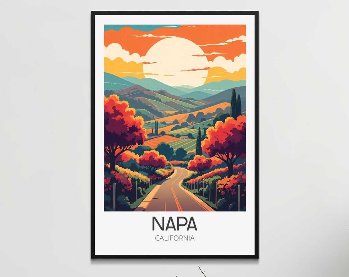 Napa Valley California Sunset Vineyard Road Retro Travel Poster