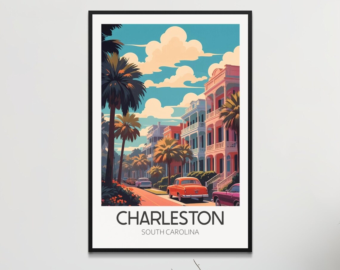 Charleston South Carolina Palm Street Vintage Cars Travel Poster