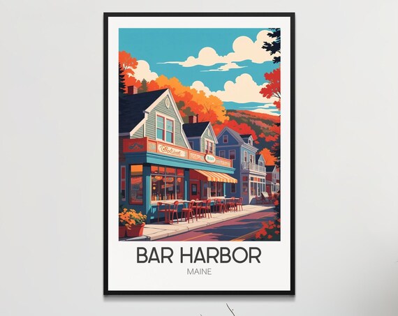 Bar Harbor Maine Autumn Street Cafe Vintage Style Travel Poster