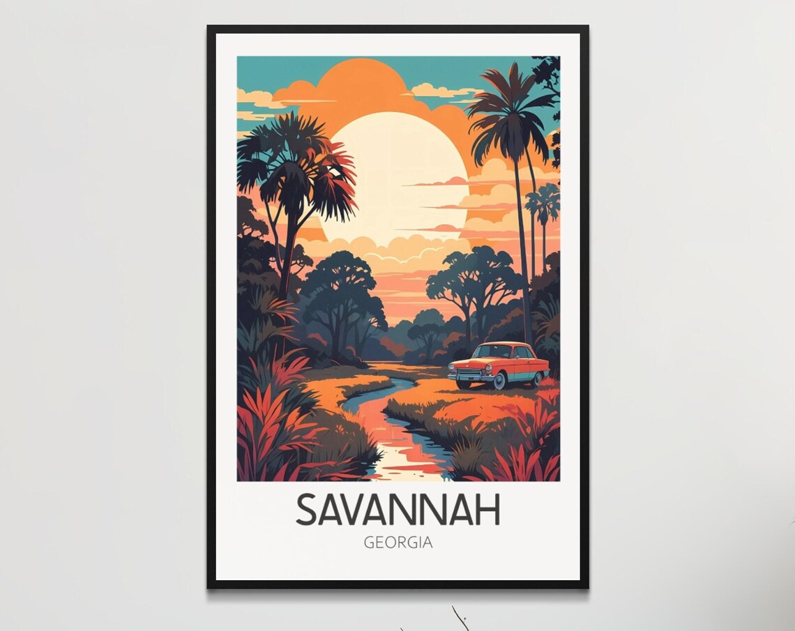 Savannah Georgia Sunset Palms Vintage Car Retro Travel Poster