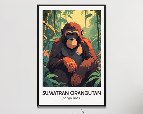 Retro Sumatran Orangutan Wall Art Vintage Jungle Poster Endangered Species Home Decor Nature Office