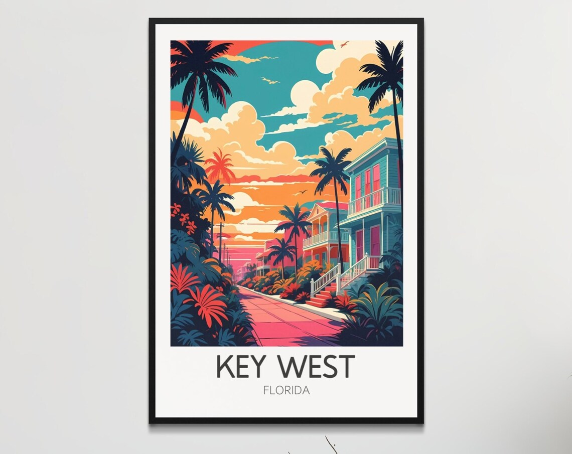 Key West Florida Retro Sunset Street Travel Poster With Palm Trees
