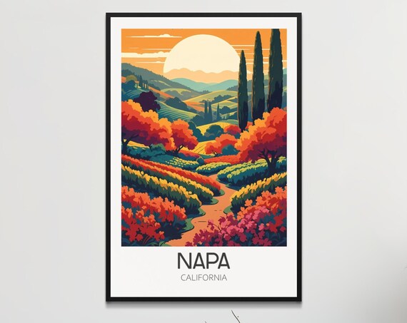 Napa Valley Sunset Over Cypress Vineyard Rows Retro Travel Poster