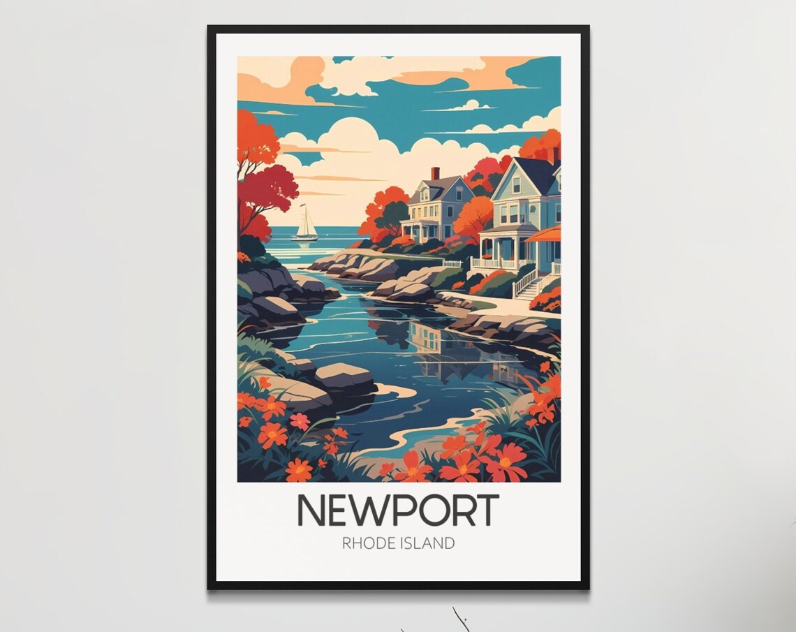 Newport Rhode Island Rocky Shoreline Cottages Retro Travel Poster