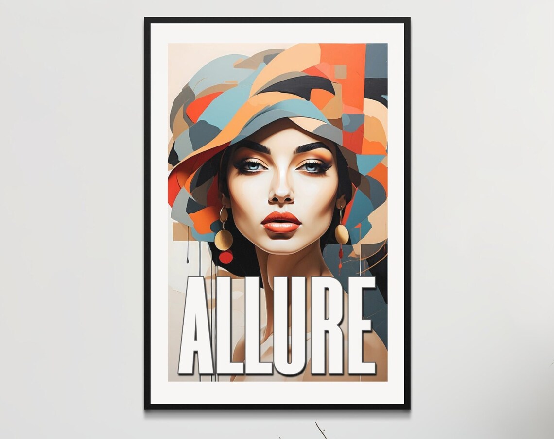 Allure Woman in Orange and Teal Turban Fashion Portrait Poster