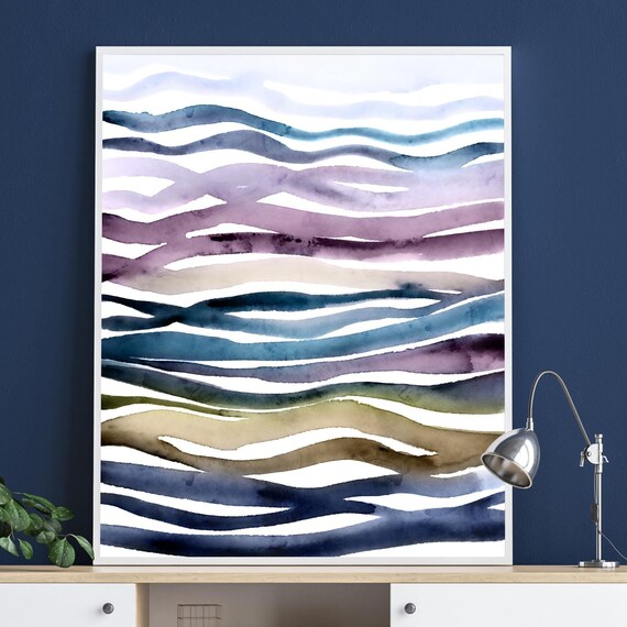 Watercolor Wavy Stripes Blue Purple Neutral Abstract Art Print