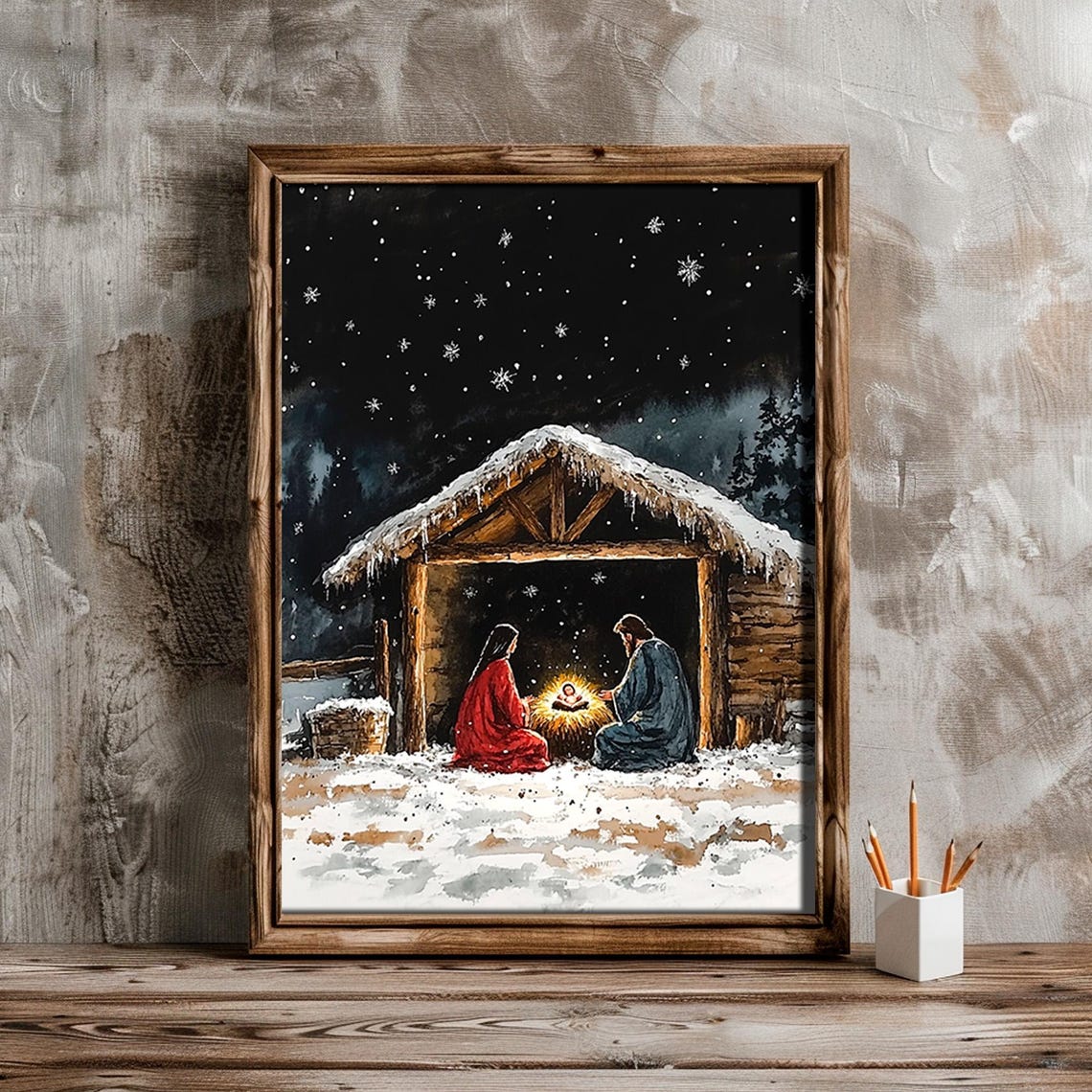 Snowy Night Nativity Scene Mary Joseph Manger Vintage Poster - Image 2