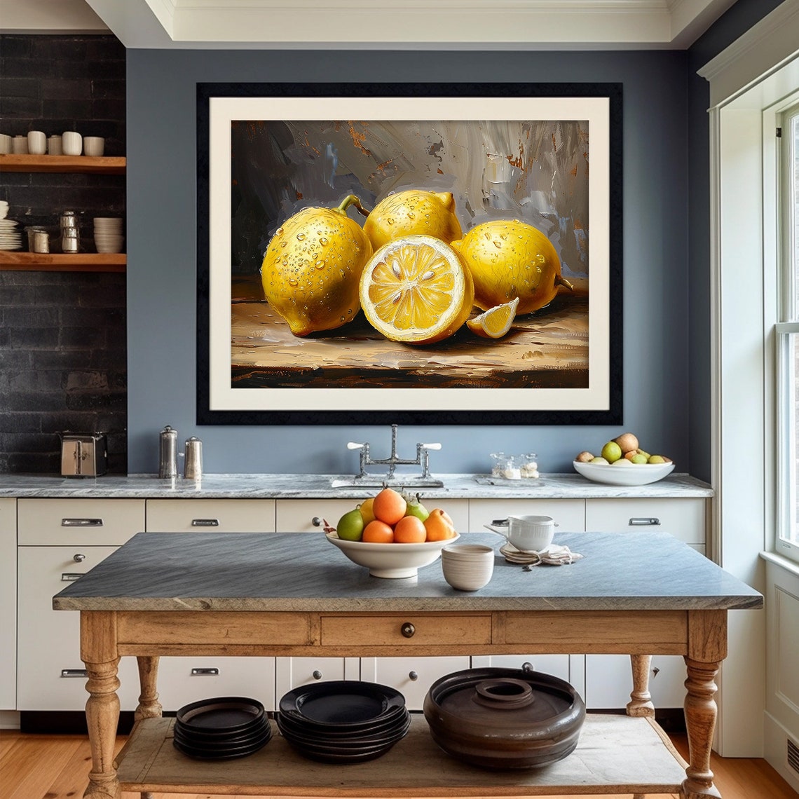 Lemon Painting Dark Moody Art Kitchen Fruit Still Life Print Wall Art - Image 2
