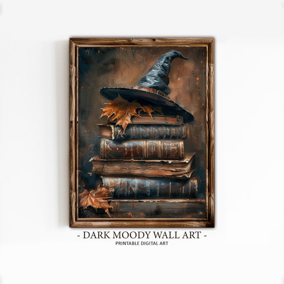 Witch Book Stack Painting, Cottagecore Halloween Art Print