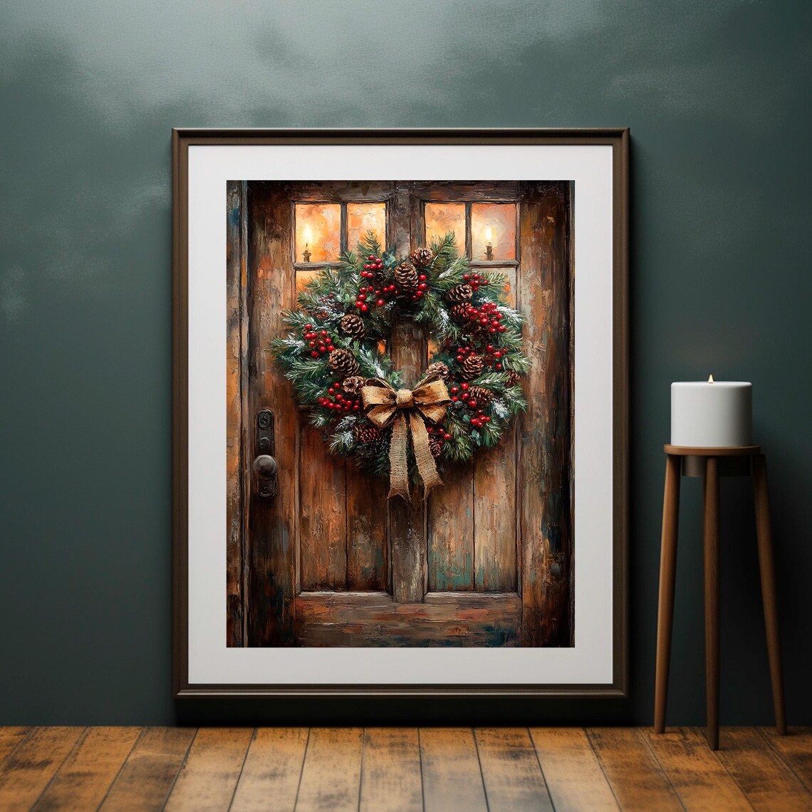 Christmas Wreath on Rustic Wooden Door Candlelit Holiday Wall Art - Image 3