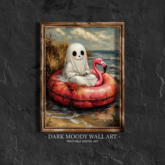 Ghost On Flamingo Swim Ring Halloween Wall Art Funny Bathroom Print Moody Ghosties Beach Wall Art Dark Flamingo Beach Painting