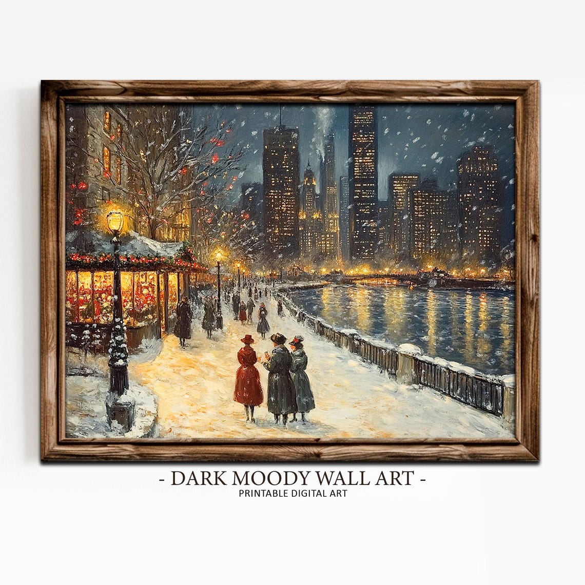 Victorian Riverfront Winter Night Shops Glowing Snow Walk Poster - Image 4