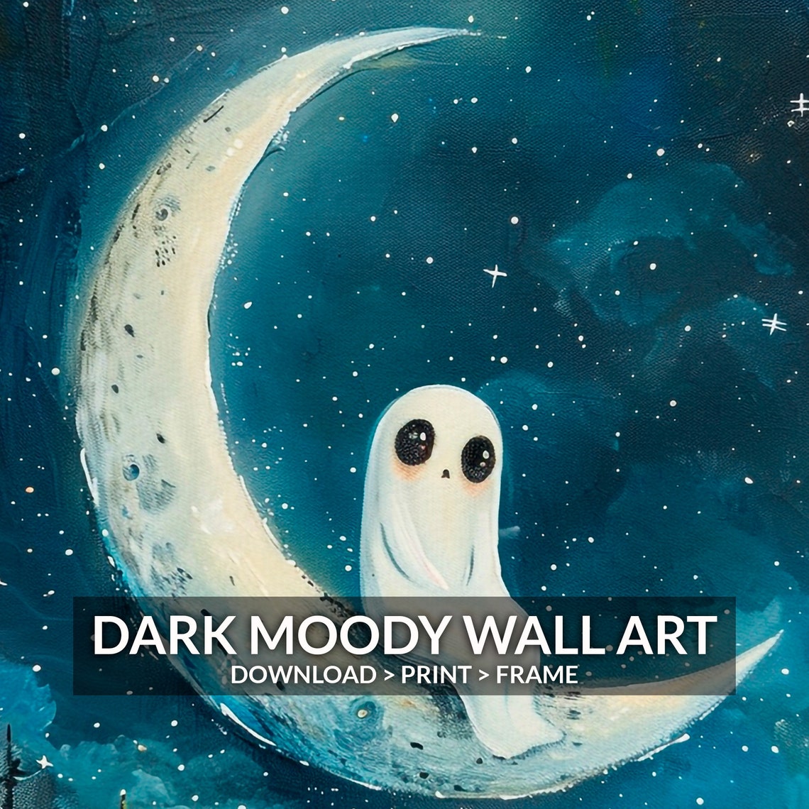 Cute Ghost Sitting On Crescent Moon Starry Night Sky Art Print - Image 6