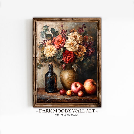 Vintage Flowers Apples Print Mexican Wall Art Dark Academia Decor Flower Still Life Dark Moody Floral Print