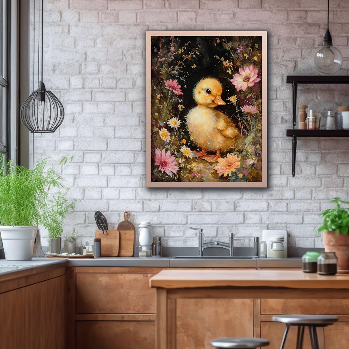 Fluffy Yellow Duckling Pink Wildflowers Dark Floral Nursery Poster - Image 5