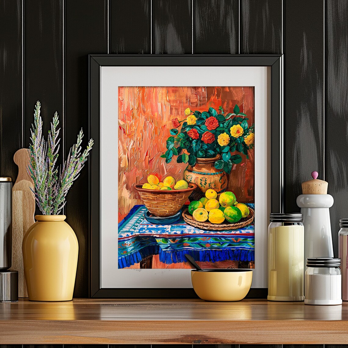 Kitchen Still Life Roses Lemons Limes Clay Vase Colorful Art Poster - Image 3