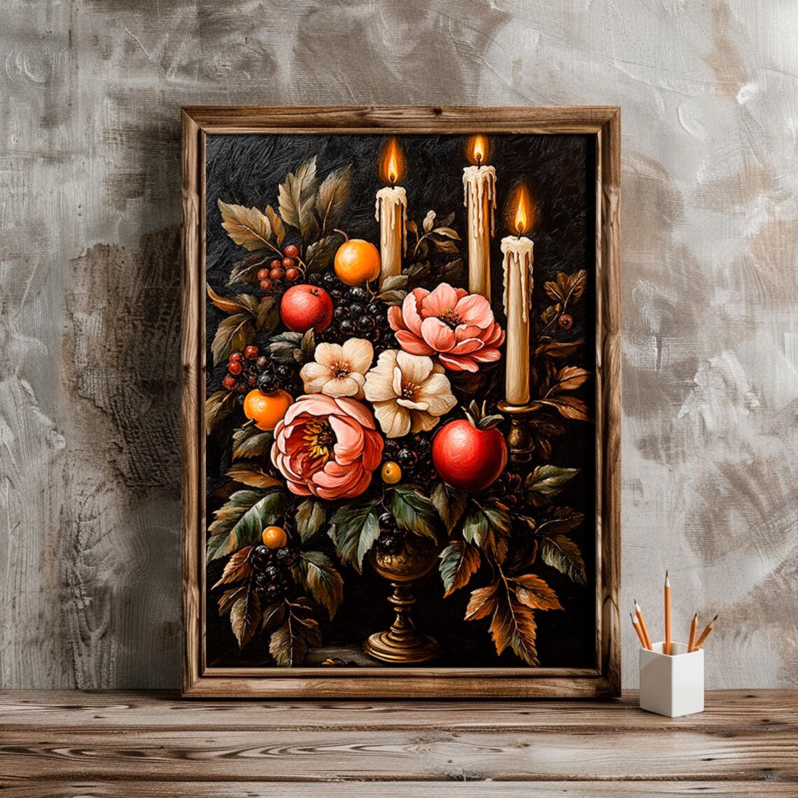 Flowers Candles Fruit Dark Moody Still Life Oil Art Decor Poster - Image 5