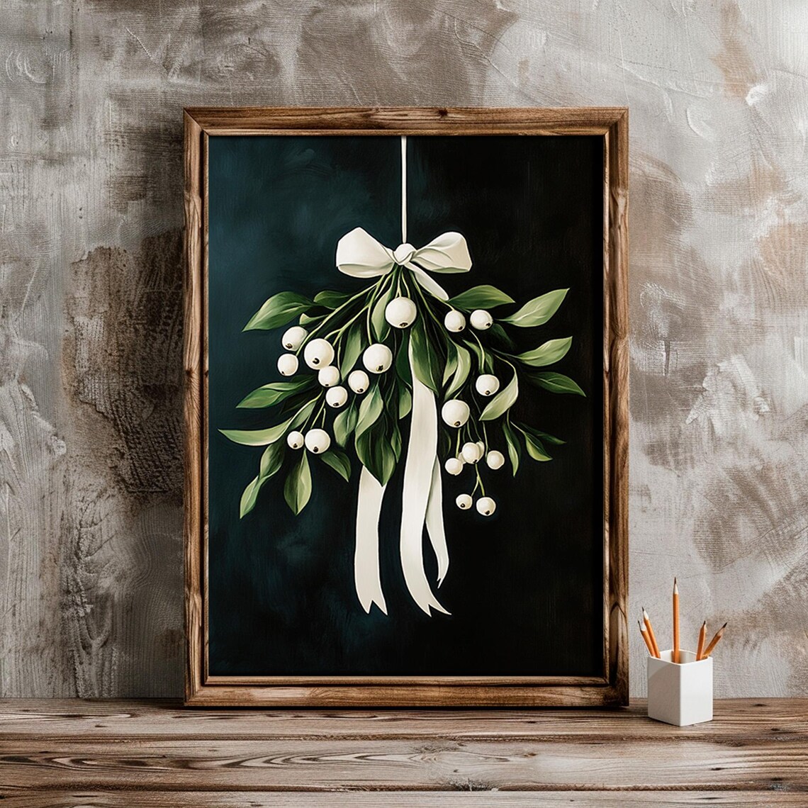Vintage Mistletoe With White Berries And Bow Dark Botanical Wall Art - Image 5