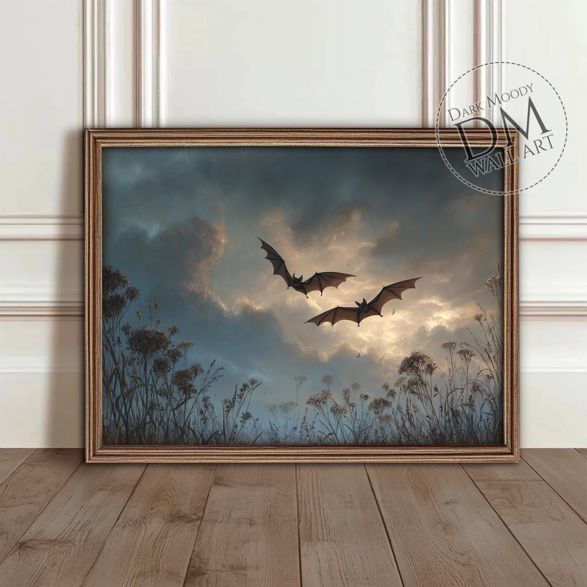 Two Bats Cloudy Sky Wildflower Field Gothic Halloween Art Poster